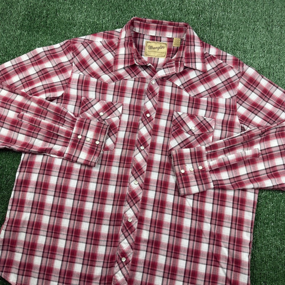Wrangler Western Shirt Mens XL Red White Plaid Pearl Snap Long Sleeve Cowboy
